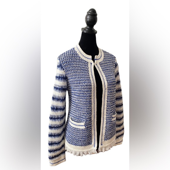 Talbots: Blue and White Mix Textured Jacket Sweater with Fringe Trim - Picture 4 of 17